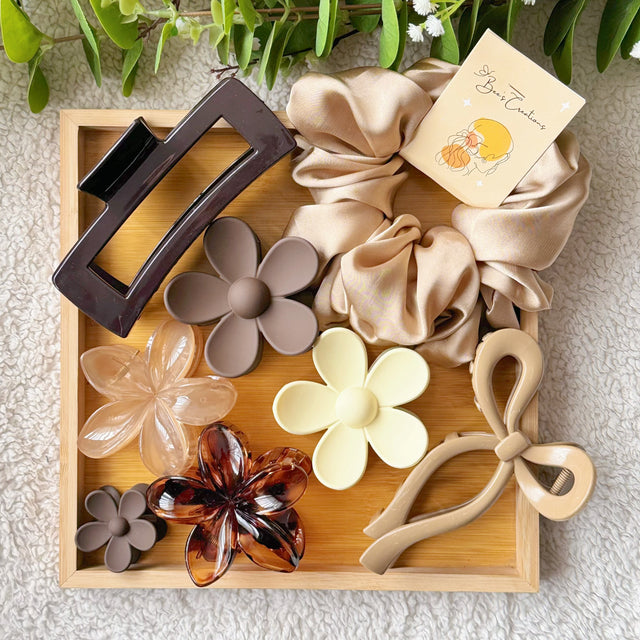Mocha Bloom Set 8 Pieces - earthy mocha hair clips and scrunchie set Pakistan
