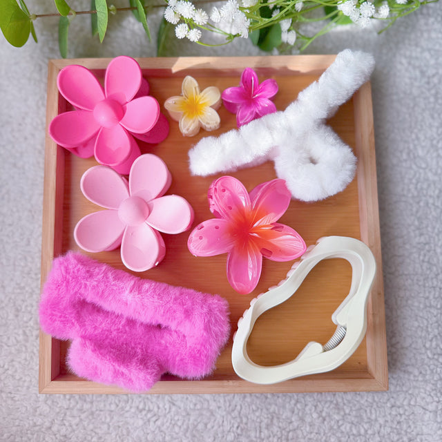 Pastel Bloom Bundle - pink flower, fluffy and mini claw clips, Bee's Creations Pakistan