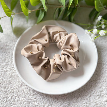 Studded Leather Scrunchie - Biege