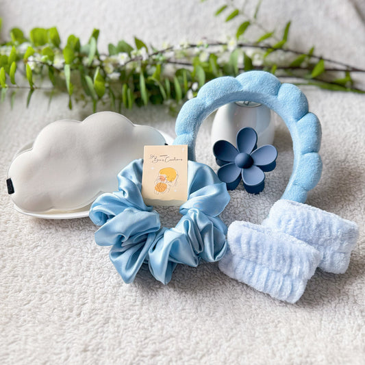 Cloudy Care Bundle in blue - plush sleep mask and skincare accessories set Pakistan