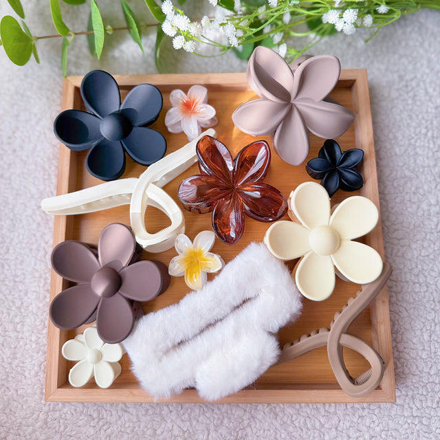 Cafe Claw Clip Set - 12 neutral flower, twisted and fluffy claw clips, Bee's Creations Pakistan