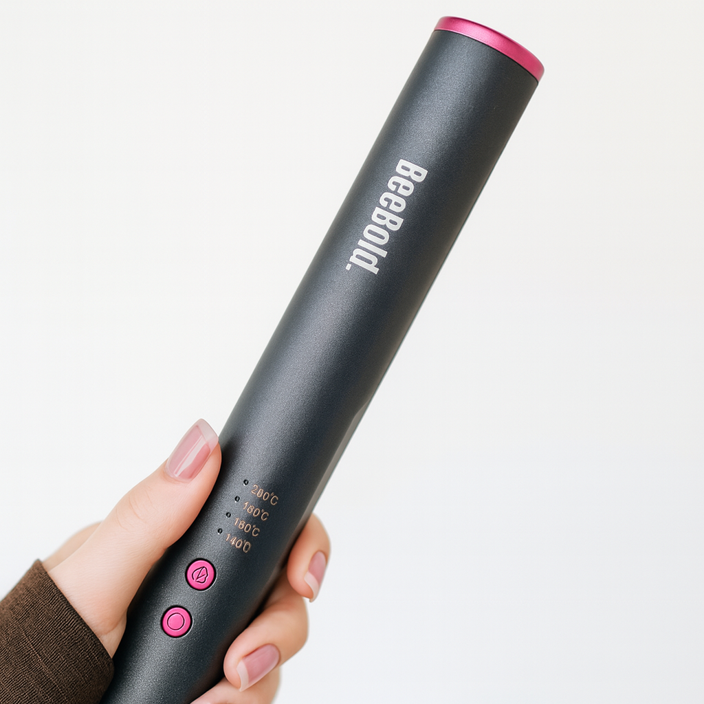Black handheld device with pink accents held by a hand on a white background