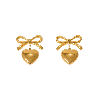 Gold heart-shaped earrings with bow details on a white background