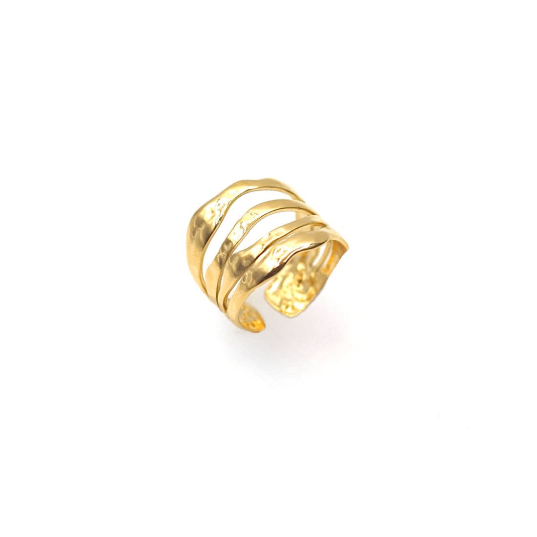 Gold ring with three bands on a white background