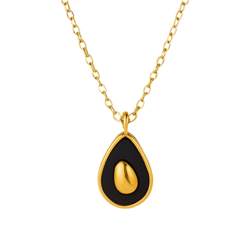 Gold and black teardrop pendant necklace on a white background