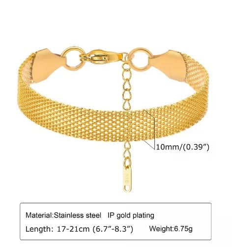 Gold bracelet with mesh design on a white background