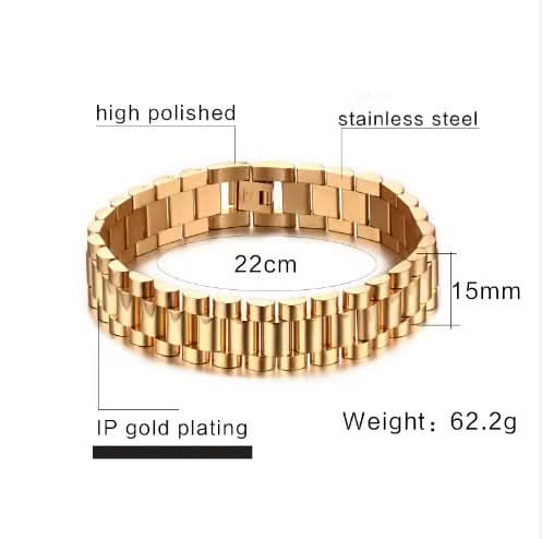 Gold bracelet with measurements and material details on a white background
