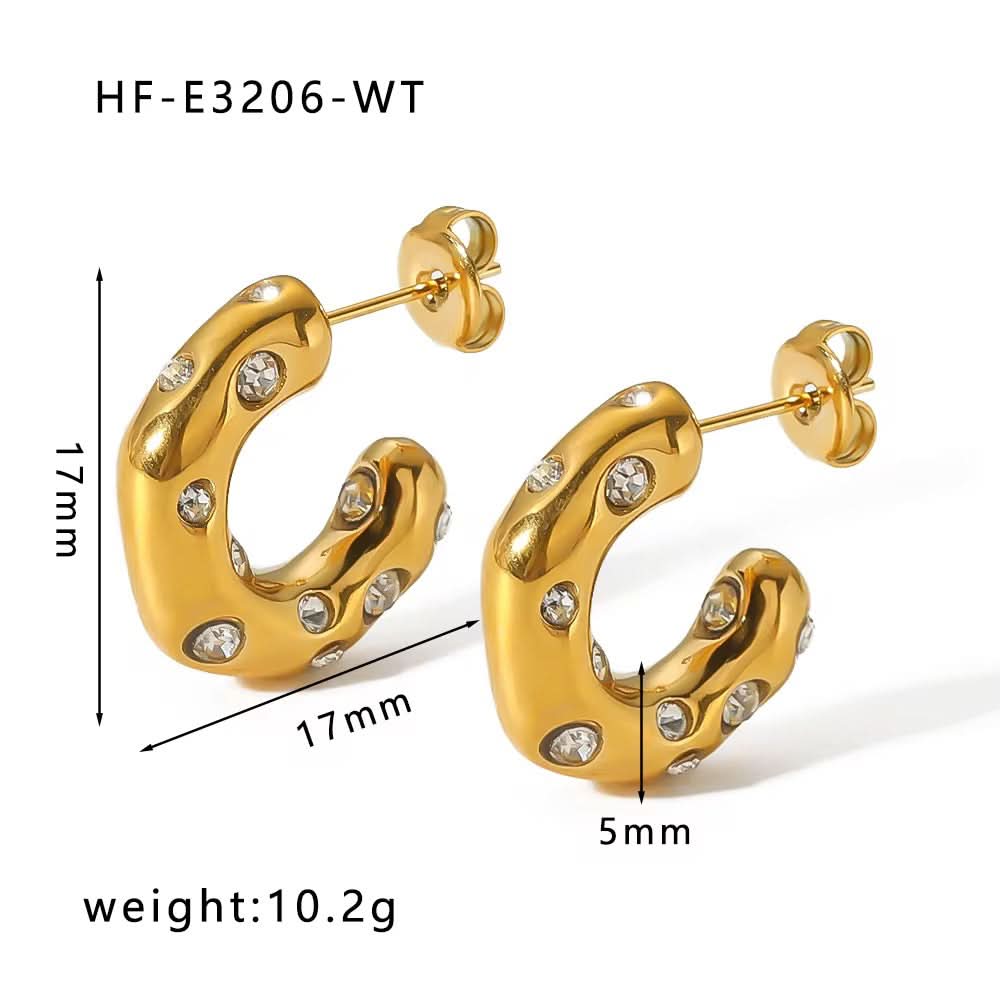 Gold hoop earrings with embedded stones, shown with measurements on a white background.
