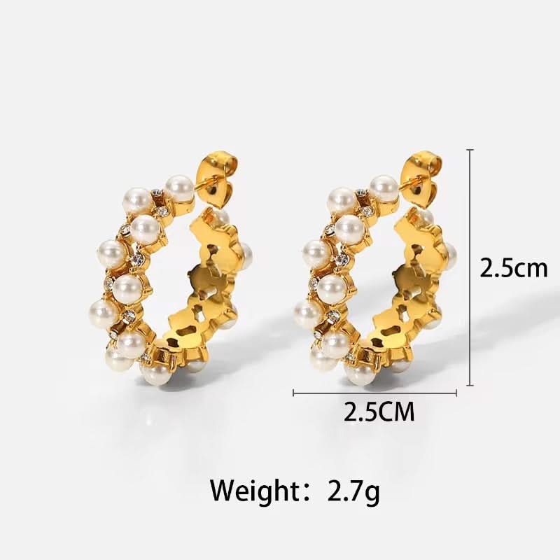 Gold hoop earrings with pearls and measurements on a white background