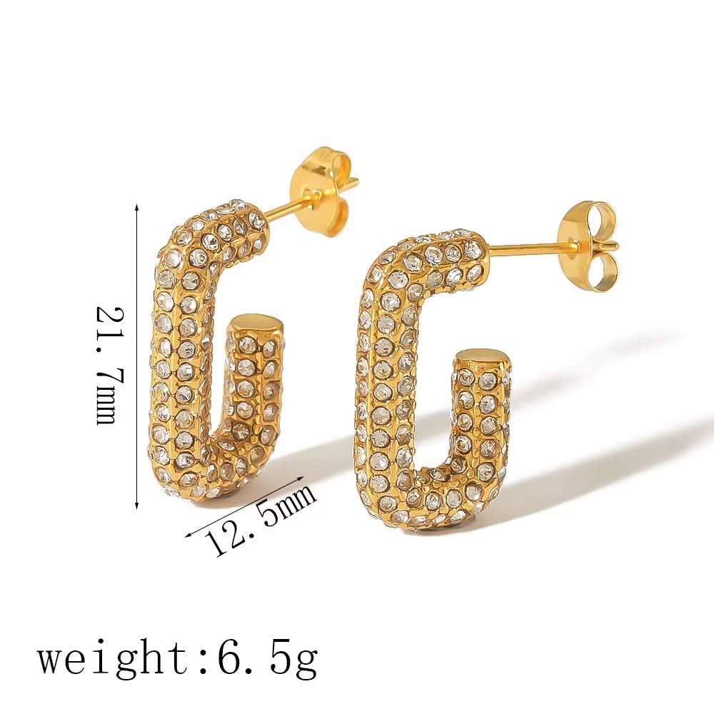 Gold hoop earrings with clear stones, shown with measurements and weight on a white background.