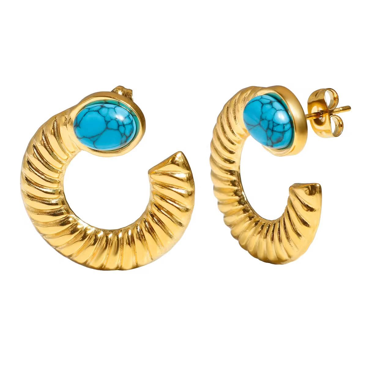 Gold hoop earrings with turquoise stones on a white background