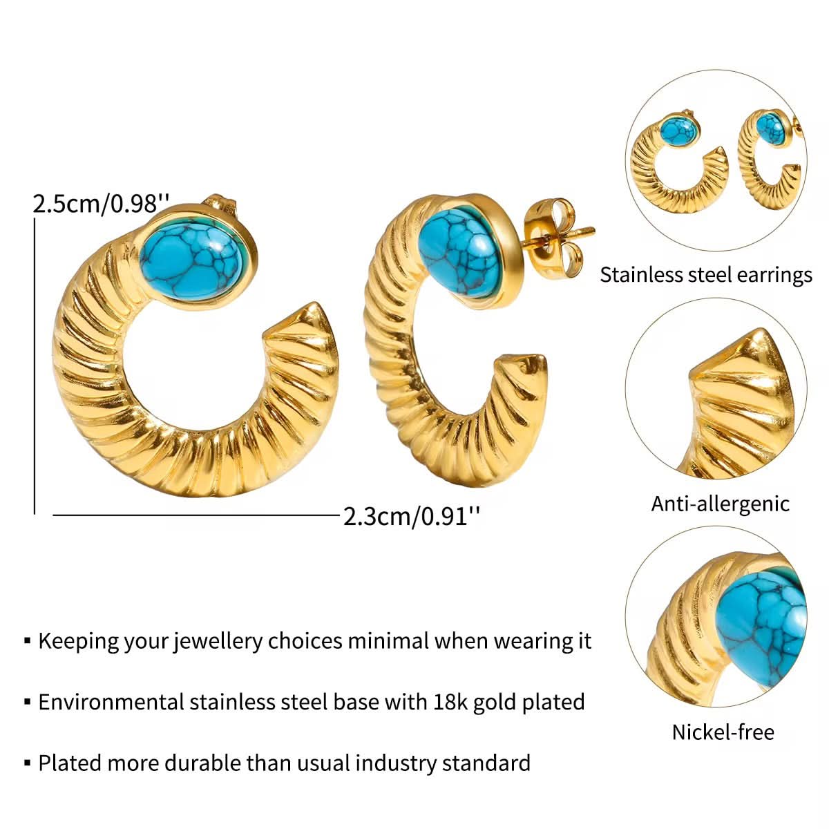 Gold hoop earrings with blue stones, showing dimensions and material details.