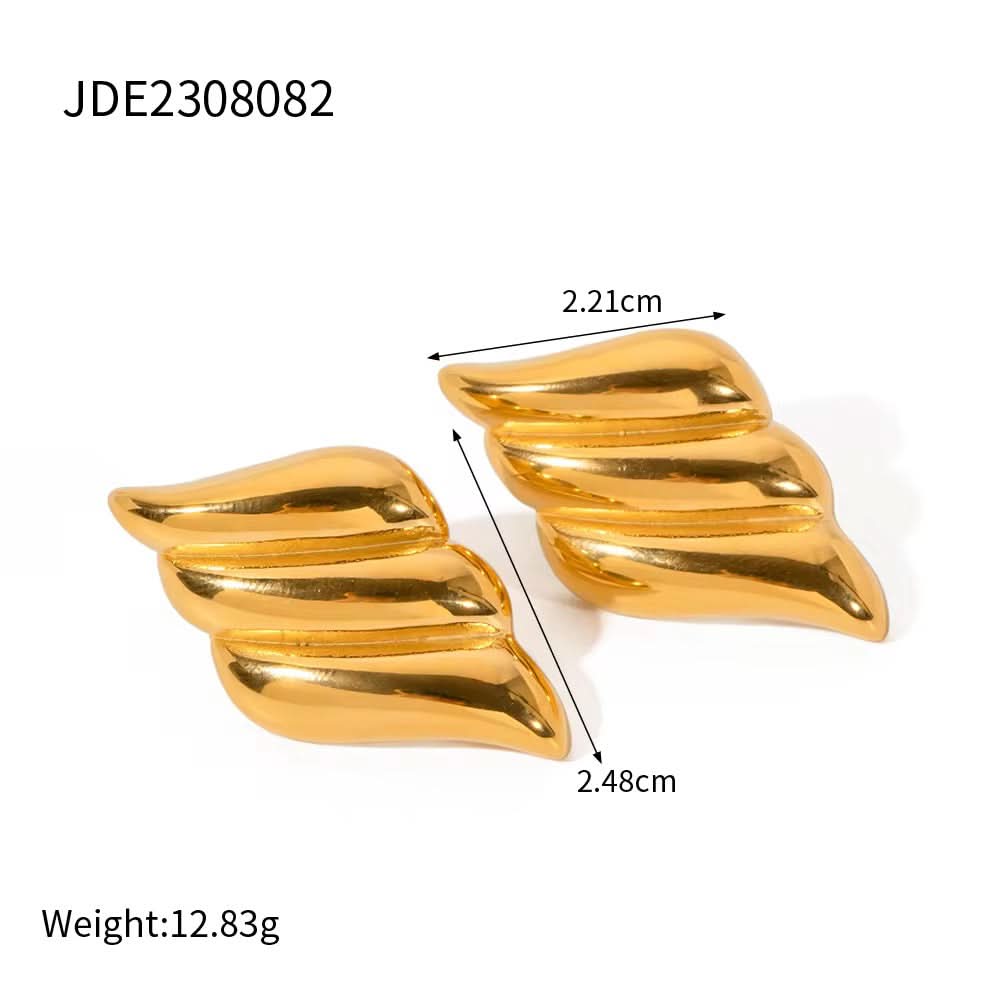 Gold wing-shaped earrings with measurements on a white background