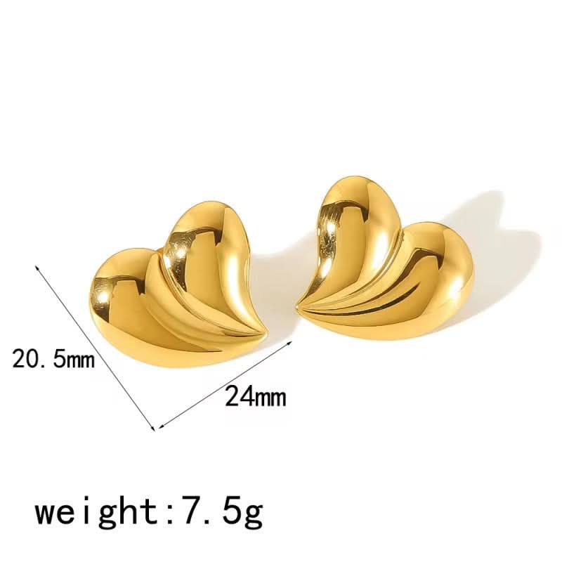 Gold heart-shaped earrings with measurements and weight on a white background