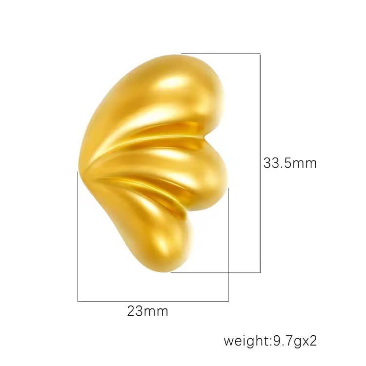 Gold earring with measurements on a white background
