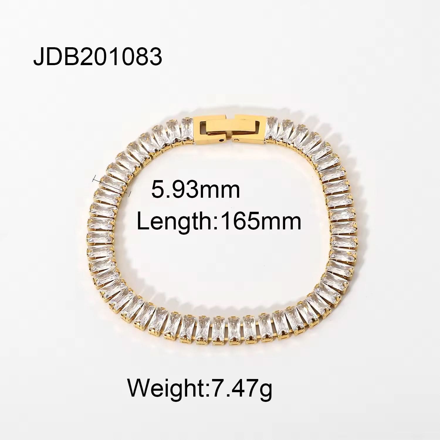 Gold bracelet with clear stones on a white background, showing measurements and product code.