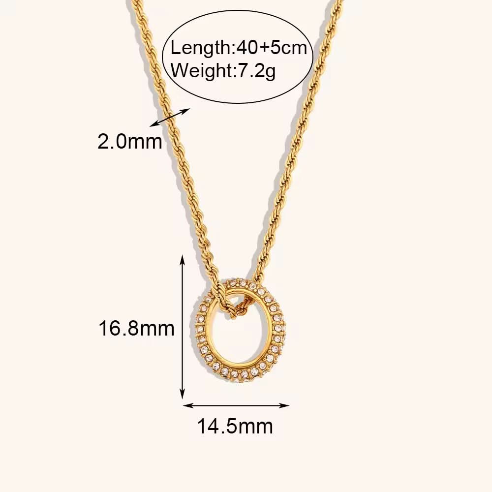 Gold necklace with measurements on a white background