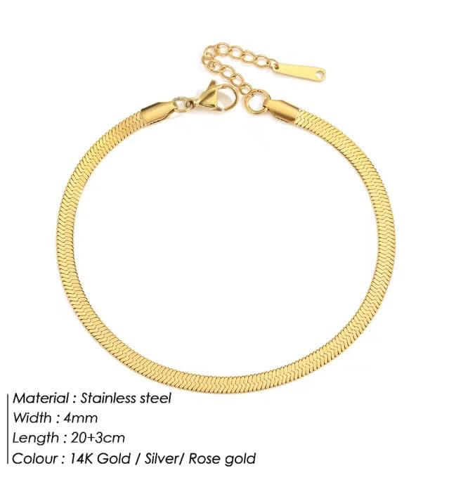 Gold bracelet on a white background with product details.