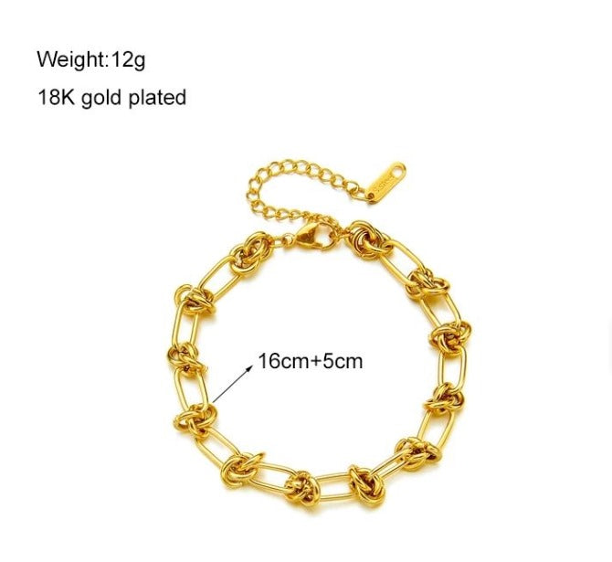 Gold chain bracelet with weight and length information on a white background